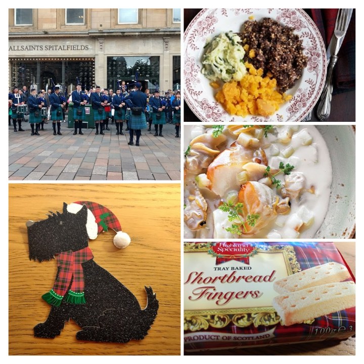 Banda de gaita de fole vestindo kilt; cartão de Natal com detalhes em tartan; haggis neeps and tatties; cullen skink ; shortbread